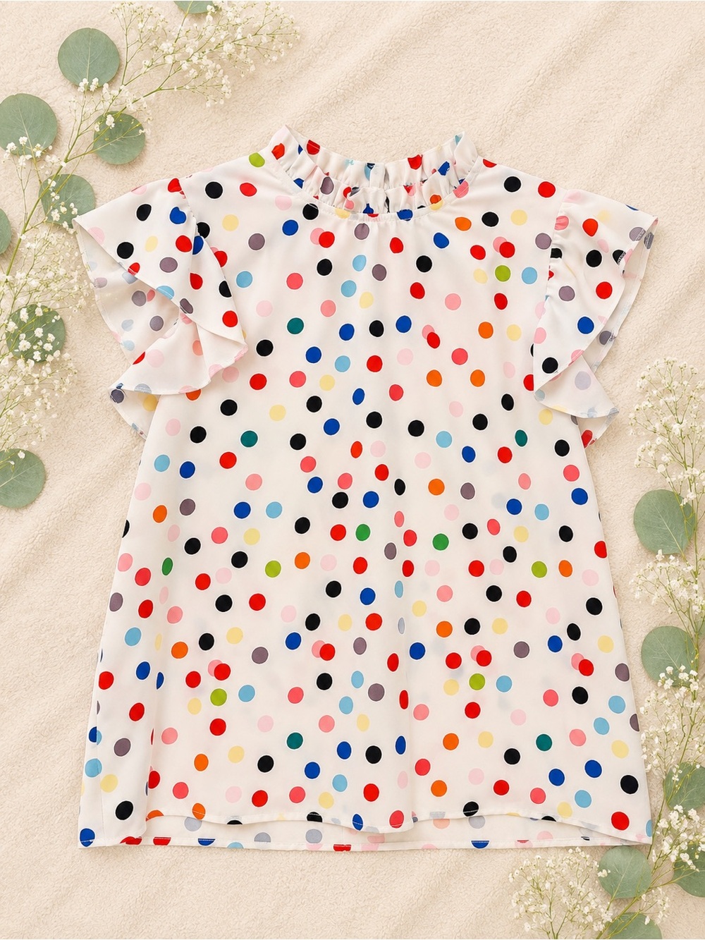 Colorful Polka Dot Flutter Sleeve Blouse | Ruffle Neck Top | Size Large